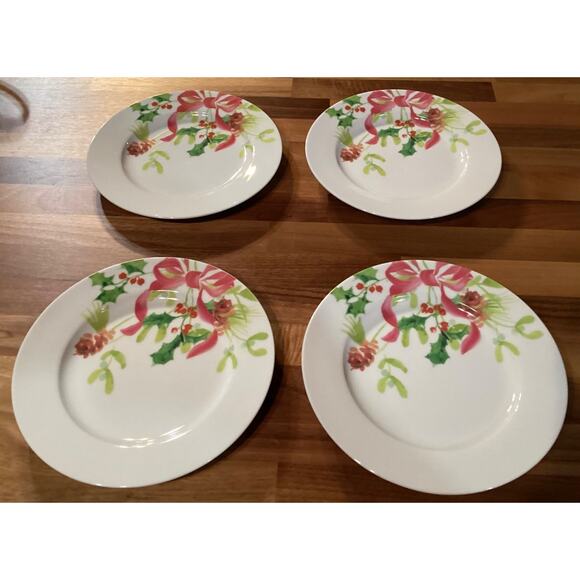 Paula Deen Dinnerware Christmas Wreath 8” Salad Dessert Plate Set Lot Of 4 - Picture 1 of 9